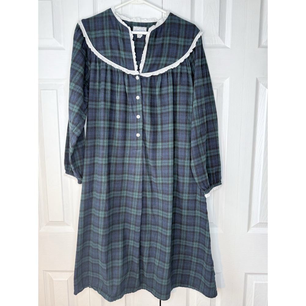 Lanz of Salzburg Cotton Flannel Nightgown Eyelet Trim Green Blue Plaid Vintage M